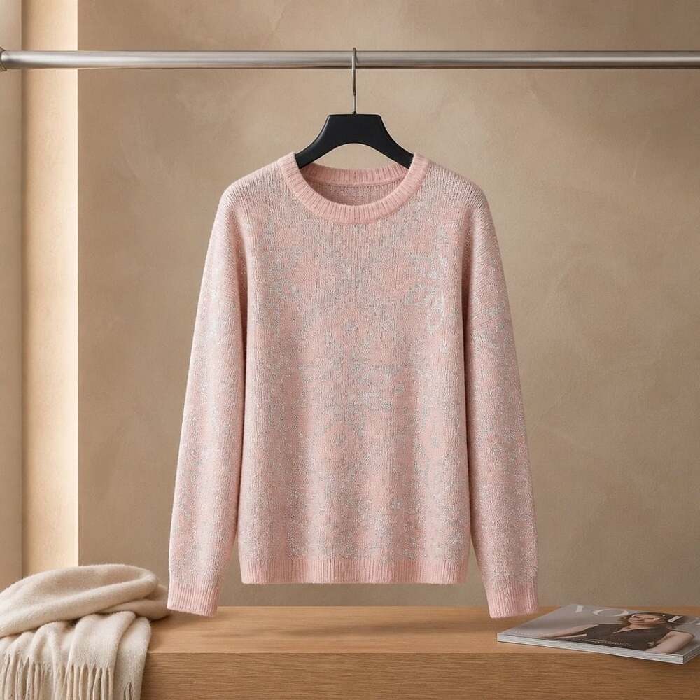 Original Venezia Sportswear Pink and Silver Metallic Floral Pattern Sweater